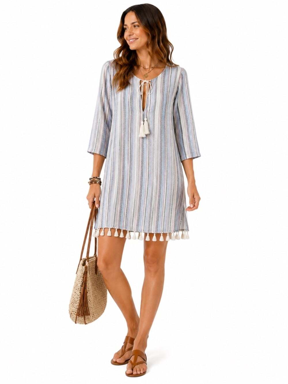 C&C California 100% Linen Striped Tunic Cover Up Small Tassel Coastal Resort